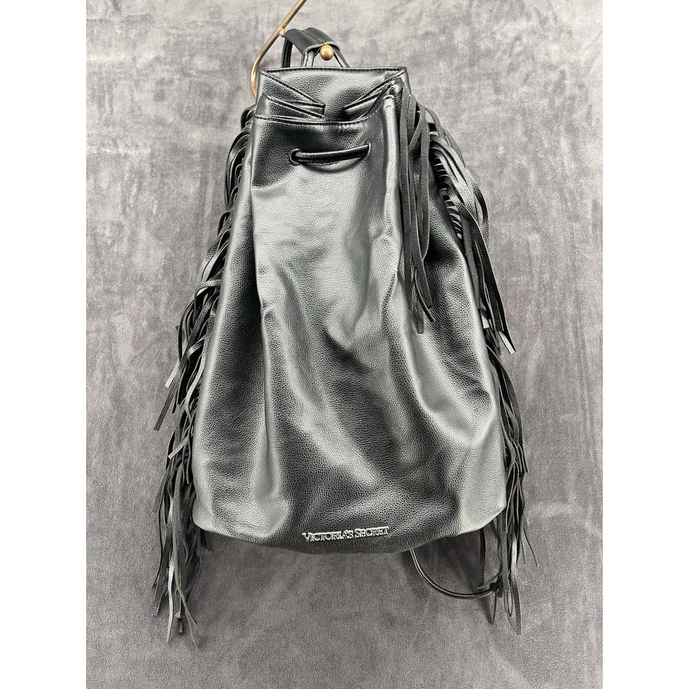 Victoria's Secret Black Fringe Backpack Faux Leather Boho Festival Bag Large